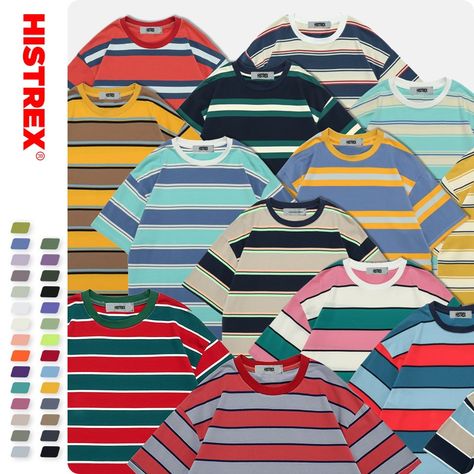 HISTREX Quality 33 Colors Stripe 100% Cotton 200g Men T Shirt Summer T shirt Top Vintage Tshirt Man 49268#|T-Shirts| - AliExpress Man Streetwear, Oversize Tshirt, Men Over 50, Funky Outfits, Street Fashion Photography, Cheap T Shirts, Top Vintage, Men T Shirt, Color Stripes