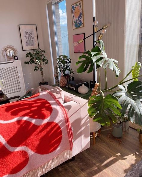 Arket Blanket, Plants Apartment, Red Blanket, Pink Sofa, Pink Blanket, Home Board, Pink Room, Room Setup, I Spy