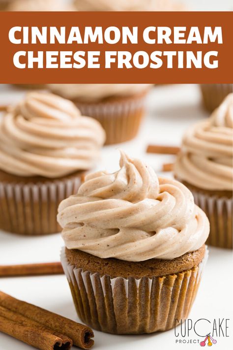 Cream Cheese Frosting With Cinnamon, Cinnamon Cream Cheese Buttercream, Cinnamon Cream Cheese Frosting Recipe, Cinnamon Frosting Cream Cheese, Cinnamon Cupcakes Cream Cheese Frosting, Cream Cheese Frosted Cupcakes, Cinnamon Cream Cheese Filling, Pumpkin Cupcakes With Cinnamon Cream Cheese Icing, Apple Cream Cheese Frosting