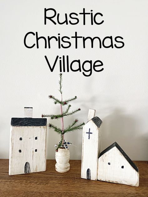 Wood Block Village, Wooden Village Houses, Wood Block Christmas Village, Wood Christmas Village Diy, Diy Wooden Christmas Village, Small Wooden Houses Craft, Rustic Christmas Village, Wooden Houses Christmas, Diy Christmas Village Houses