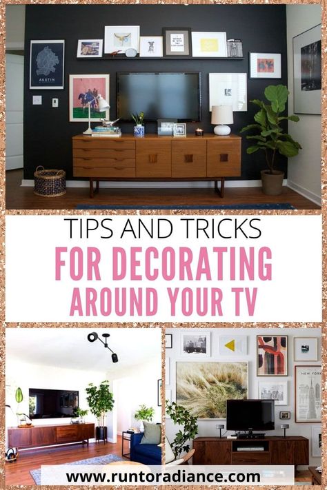 How to decorate around a tv. Read more here for fun decorating tips and tricks and DIY ideas on how to decorate around your tv. #runtoradiance #decorating #decortips #livingroom #diy #tvdecor Large Blank Wall Ideas Living Rooms With Tv, Art Around Tv On Wall Mounted, Wall Art Above Tv Ideas, Prints Around Tv, Pictures Behind Tv, Decorating Around Mounted Tv, Living Room Wall Art Above Tv, Decorating Around Tv In Bedroom, Decor Around Large Tv