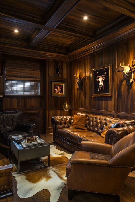 moody-man-cave Moody Hunting Lodge, Gentlemans Lounge Decor, Man Lounge Room, Speakeasy Man Cave, Whiskey Lounge Decor, Mens Lounge Room, Gentlemans Club Aesthetic, Cigars And Whiskey Man Caves, Dark Man Cave