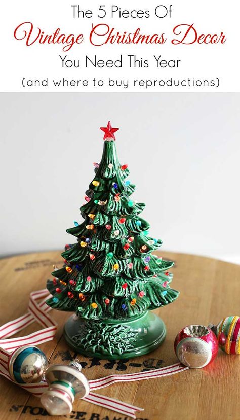 The 5 pieces of vintage Christmas decor you need this year and where to find them.  #vintagechristmas #vintage #christmas #christmasdecor #retrochristmas #midcenturymodern Vintage Christmas Decor Ideas, Vintage Christmas Tree Decorations, Vintage Ceramic Christmas Tree, Retro Christmas Decorations, Vintage Christmas Crafts, Vintage Christmas Decor, Ceramic Christmas Trees, Old Fashioned Christmas, Vintage Party