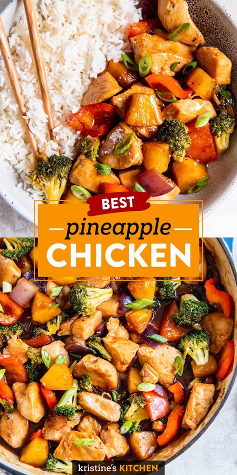 This Pineapple Chicken is an easy stir fry recipe made with chicken, canned pineapple, broccoli and teriyaki sauce. Serve it with green onions and rice for an easy dinner! Easy Pineapple Chicken, Pineapple Chicken Stir Fry, Pineapple Chicken Recipe, Teriyaki Pineapple Chicken, Chicken And Yellow Rice, Pineapple Chicken Recipes, Easy Stir Fry Recipes, Teriyaki Recipe, Stir Fry Recipes Chicken