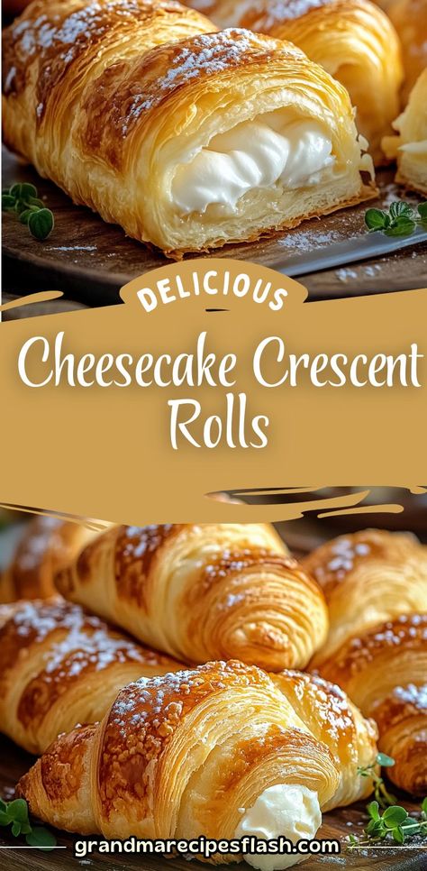 These Cheesecake Crescent Rolls are a sweet and creamy treat with a flaky, buttery exterior! A perfect dessert or snack that combines the flavors of classic cheesecake and warm, golden crescent rolls. Serve them fresh out of the oven for a delightful bite! Cheesecake Crescent Rolls, Crescent Roll Breakfast Recipes, Crescent Roll Cheesecake, Crescent Recipes, Breakfast Crescent Rolls, Breakfast Recipes Sweet, Classic Cheesecake, Creamy Cheesecake, Crescent Rolls