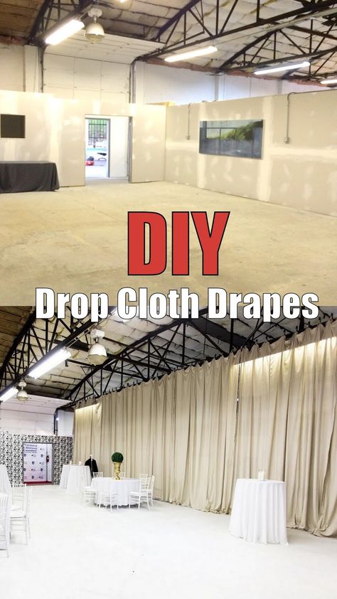 Drop Cloth Wall Covering, How To Drape A Room For A Party, Drop Cloth Wedding Decor, Drop Cloth Backdrop, Drop Cloth Room Divider, Room Draping Wedding, Transform Garage For Party, Event Draping, Wall Draping