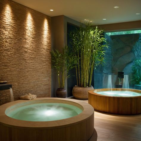 ⚠️LINK IN BIO⚠️ A serene Zen-inspired home spa with a steam room, bamboo accents, and a soothing water feature to enhance relaxation and well-being. #HomeSpa #Zen #SteamRoom #Bamboo #WaterFeature Dr Rooms Ideas, Japanese Spa Aesthetic, Small Home Spa, Sauna And Cold Plunge Room, Spa Center Design, Home Wellness Spa, Home Sauna Room, Zen Pool, Spa Vision