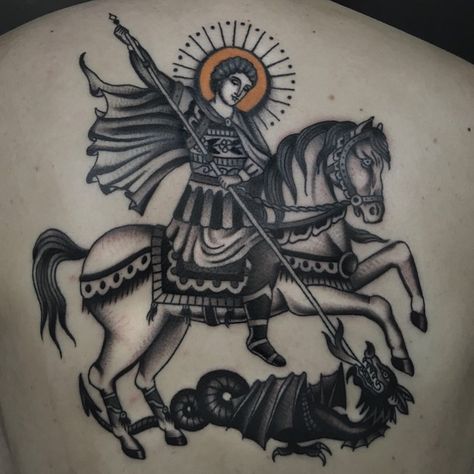 Image may contain: 1 person George Tattoo, Old School Sleeve, Saint Tattoo, Catholic Tattoos, Back Piece Tattoo, Maori Tattoo Designs, Religious Tattoo, Religious Tattoos, Traditional Tattoo Art