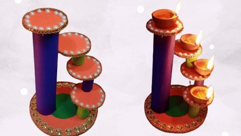 Diya Stand Making Ideas, Diya Stand For Diwali, Diya Making, Paper Decoration Ideas, Diya Stand, Diya Decoration, Diwali Decorations At Home, Paper Decoration, Diwali Diya