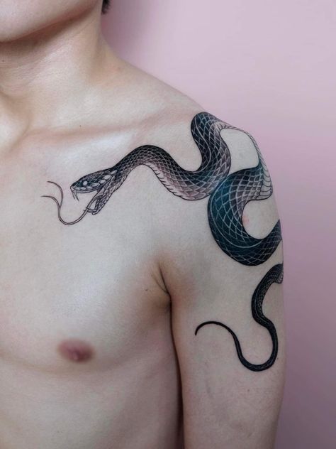 Snake Shoulder Chest Tattoo, Snake Chest Tattoo Men, Snake Shoulder Tattoo For Men, Chest Tattoo Snake, Animal Shoulder Tattoo, Snake On Shoulder Tattoo, Snake Tattoo On Chest, Snake Tattoo Around Arm, Shoulder To Chest Tattoo