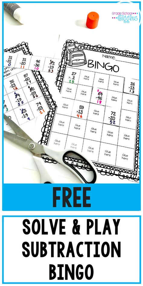 About 2nd grade, when kids get to double-digit subtraction with regrouping, their math gets more challenging. Sometimes kids need extra motivation in math, especially if they still need to develop fluency with their facts or with borrowing. That's why games, like solve and play bingo, are such great activities. In order for kids to play the game, they have to finish the worksheet and glue the problems onto their bingo cards. Check out the free printable bingo game. #Subtraction #2ndGrade #Math Subtracting With Regrouping Activities, Subtraction With Borrowing, Subtraction Centers, Teaching Subtraction, Sped Math, Subtraction With Regrouping, Grade 2 Math, Subtraction Games, Subtraction Activities