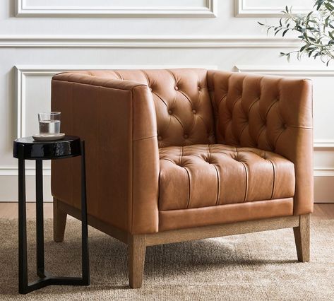 Edgewood Leather Armchair | Pottery Barn Big Leather Chair, Leather Armchair Living Room, Leather Chair Living Room, Leather Arm Chair, Office Corner, Tufted Arm Chair, Leather Accent Chair, Leather Lounge, Pottery Barn Teen