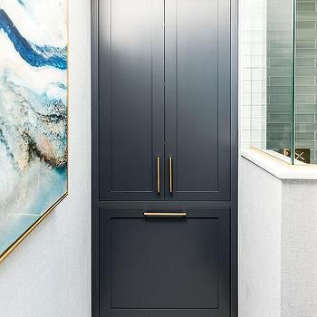 Floor to Ceiling Dark Blue Linen Cabinets with Brass Pulls Floor To Ceiling Cabinets Hallway, Bathroom With Floor To Ceiling Cabinet, Floor To Ceiling Cabinets Bathroom, Floor To Ceiling Bathroom Cabinets, Built In Linen Closet Bathroom, Build In Cabinet, Linen Closet Ideas, Ivy Bedroom, To Ceiling Cabinets