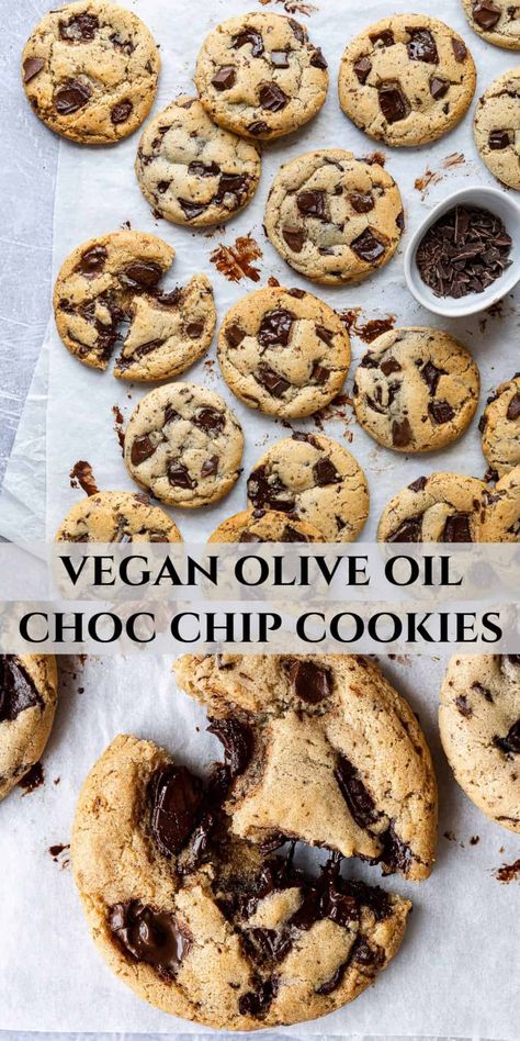 Pinterest collage image. Olive Oil Cookies Vegan, Vegan Olive Oil Cookies, Vegan Choc Chip Cookies, Vegan Chocolate Chip Cookies Coconut Oil, Olive Oil Chocolate Chip Cookies, Quick Bakes, Egg Free Chocolate Chip Cookies, Quick Vegan Desserts, Oil Chocolate Chip Cookies