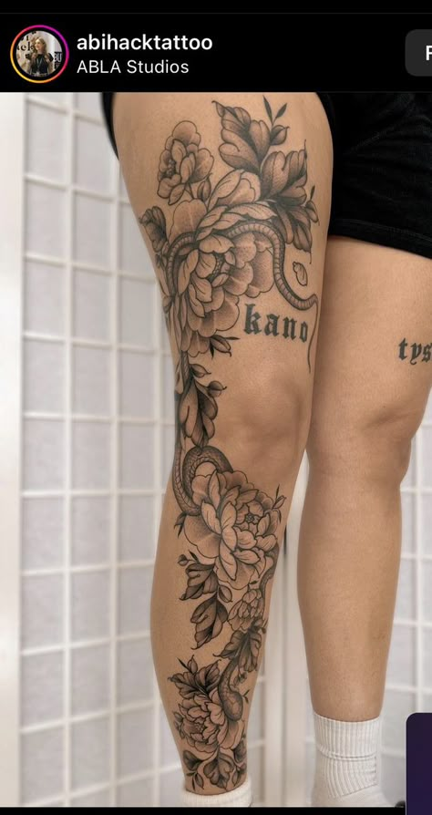 Thigh Leg Sleeve Tattoo, Leg Sleve Woman, Flower Tattoo On Leg For Women, Thigh Elephant Tattoo Women, Tattoo Ideas Knee Female, Big Cover Up Tattoos For Women Leg, Womans Leg Sleeve Tattoos, Flowers Up Leg Tattoo, Above Buttcrack Tattoo