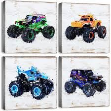 Playroom Painting, Monster Truck Themed Bedroom, Monster Truck Room Decor, Monster Truck Bedroom, Art For Boys Room, Monster Truck Room, Truck Bedroom, Monster Truck Kids, Bedroom Cartoon