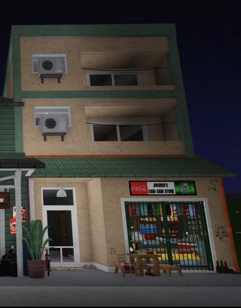 Bloxburg Pizza Planet, Underground House Bloxburg, Bloxburg Tiny Apartment, Convience Store Bloxburg, Bloxburg Street Ideas, Bloxburg Poor House, Roblox Apartment Layouts, Apartment Bloxburg Exterior, Street Bloxburg