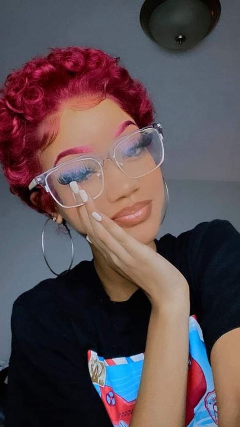 Short Curly Red Hair Black Women, Pink Hair Color On Black Women, Short Fro Styles Black Women, Short Hair Color Ideas Black Women, Pixie Dyed Hair, Short Red Hair Black Women, Red Short Hair Black Women, Red Hair Short Hairstyles, Colored Pixie Hair Black Women