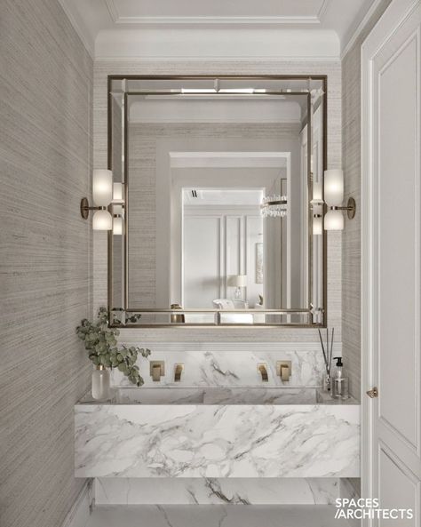 Powder Room Classic Modern, Classic Contemporary Bathroom Design, Modern Classic Powder Room, Modern Classic Interior Bathroom, Small Transitional Bathroom, Classic Bathroom Design Luxury, New Classic Bathroom, Kitchen Design Furniture, Classic Powder Room