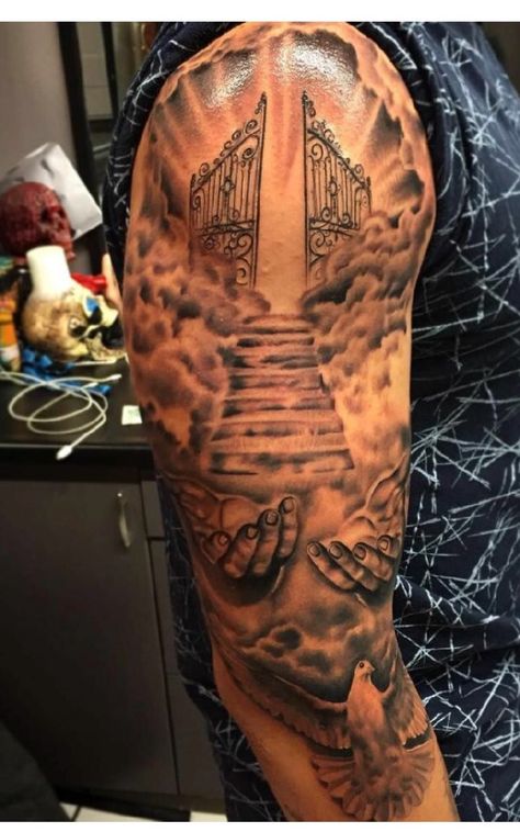 God Arm Sleeve Tattoo, Full Sleeve Memorial Tattoo, Tattoos With Clouds For Men, Mens Rib Tattoo Ideas Unique, Memorial Leg Tattoos For Men, He Who Hesitates Is Lost Tattoo, Heaven Vs Hell Tattoo Sleeve, Religious Shoulder Tattoo Men, Moses Tattoos For Men