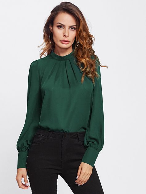 Stand Collar Pleated Blouse -SheIn(Sheinside) Lantern Sleeve Shirt, Stand Collar Blouse, Lantern Sleeve Top, Chiffon Blouses, Hem Blouse, Pleated Blouse, Elegant Blouses, Plain Tops, Collar Blouse