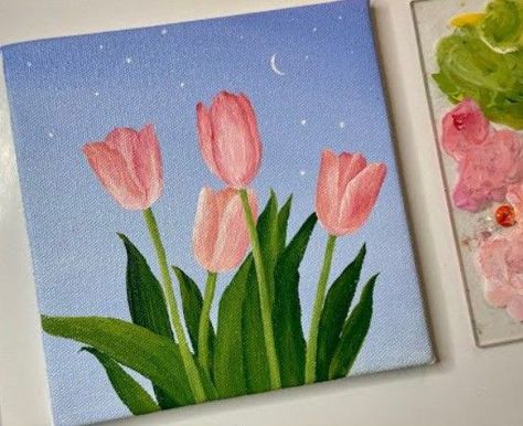 Painting Simple Flowers Acrylic, Cute Spring Paintings Easy, Things To Paint Flowers, Painting Astethic, Things To Paint On A Canvas, Things To Paint Aesthetic, Cute Pink Paintings, Art Collages, Paintings Easy