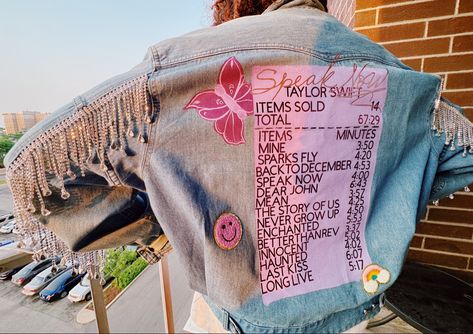 Custom jean jacket #taylorswift #erastourfit #purple #lavender #custom #aesthetic #fringe #sparkle Bedazzled Denim Jacket Diy, Eras Your Denim Jacket, Lover Jean Jacket, The Eras Tour Jean Jacket, Taylor Swift Jean Jacket Diy, Eras Jean Jacket, Eras Tour Painted Jean Jacket, Bedazzled Jean Jacket, Eras Tour Jean Jacket