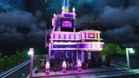 Minecraft Modern Build 80s Minecraft Builds, Minecraft Tokyo Builds, Club In Minecraft, Minecraft Club Ideas, Minecraft Club Build, Neon Minecraft Builds, Minecraft Arcade Building, Minecraft Strip Club Ideas, Mincraft Bilds