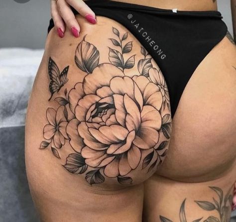 Both Feet Tattoos For Women, Full Buttcheek Tattoo, Womens Bum Tattoos, Tattoo Ideas Female Buttocks, Rose Tattoo On Buttocks, Buttcheek Tattoo Women Big, Thigh And Buttock Tattoo, Tattoo On Buttocks For Women, Bum Cheek Tattoo Women