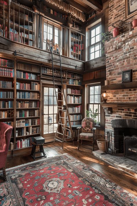 Classic Colonial Library Design Home Library Ideas With Ladder, Vintage Bookshelf Ideas, Library Room Layout, Book Shelf With Ladder, Cozy Home Library Reading Space, Old Library Room, Library With Ladder, Bookshelf With Ladder, Colonial Library