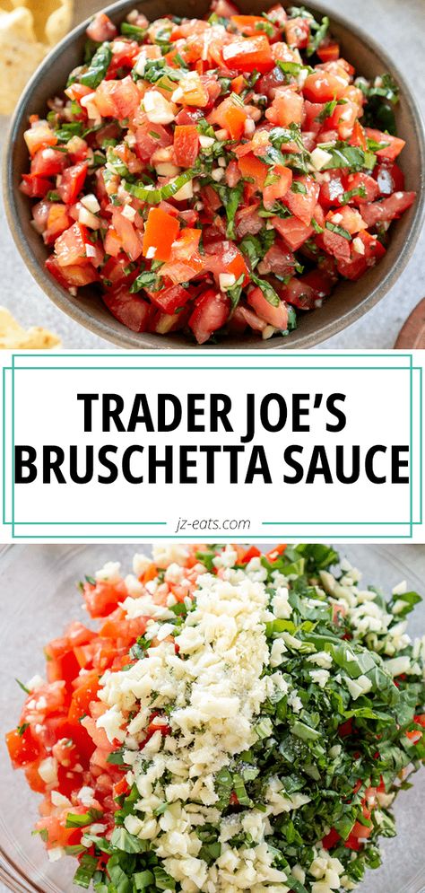 bruschetta sauce in a bowl Bruschetta Trader Joes, Trader Joe Bruschetta, Bruschetta Lunch Ideas, Trader Joe’s Bruschetta Pasta, Trader Joe’s Bruchetta, Bruschetta Sauce Recipe, Bruschetta Topping Recipe, Pesto Bruschetta Recipe, Trader Joe’s Bruschetta Sauce