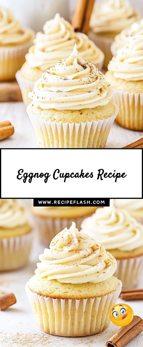 Looking for a festive dessert that captures the essence of Christmas? These Eggnog Cupcakes combine rich flavors and holiday spirit in every bite! Perfect for your holiday gatherings, these treats will impress your guests. Save this recipe for your Christmas Desserts collection and sweeten your celebrations! Eggnog Cupcakes Recipe, Egg Nog Cupcakes Recipe, Eggnog Dessert Recipes, Easy Birthday Treats, Eggnog Truffles, Eggnog Cupcakes, Eggnog Dessert, Spiced Eggnog, Xmas Desserts