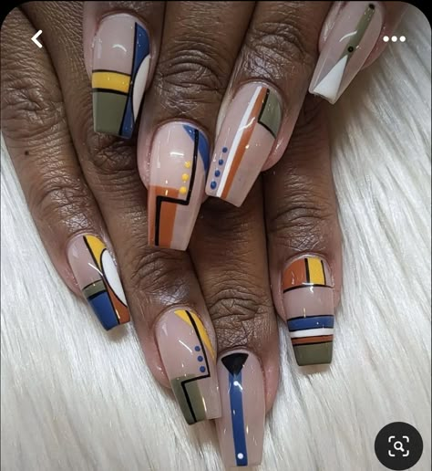 Abstract Nail Designs, Everyday Nails, Nail Options, Acrylic Nail Designs Coffin, Color Block Nails, Line Nail Art, Abstract Nails, Abstract Nail, Chrome Nail Art