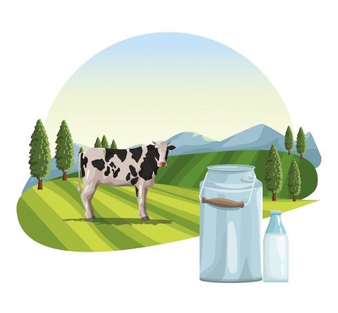 Vector farm milk natural | Premium Vector #Freepik #vector #milk-farm #cow-milk #dairy-farm #ranch Milk Illustration Graphic Design, Dairy Farm Design, Dairy Farm Logo, Dairy Products Logo, Cow Food, Milk Advertising, Cow Vector, Farm Images, Farm Fresh Milk