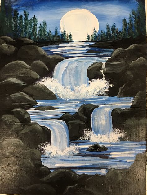 A Beautiful Scenery Drawing, My River Drawing, Sip And Paint Ideas For Beginners, Easy Scenery Painting, Easy Painting Tutorials, Painting River, Waterfall Painting, Waterfall Scenery, Easy Landscape Paintings