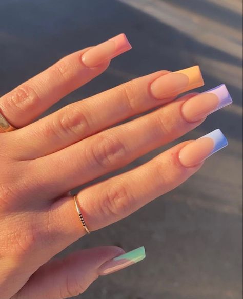 Short Square Acrylic Nails Summer Colors, Pastel French Nails, Nails With Rainbow, Pastel French Tip, Pastel Tips, Tips Acrylic Nails, Acrylic Nails Pastel, Fantastic Nails, Nails Pastel