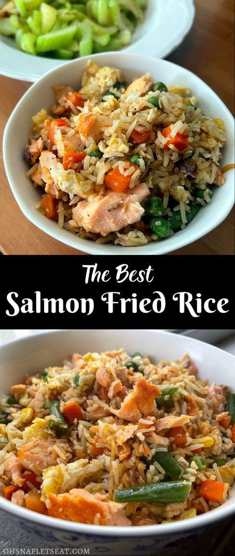 Salmon Egg Fried Rice, Salmon With Fried Rice, Teriyaki Salmon Fried Rice, Fried Rice With Salmon On Top, Salmon Over Rice Recipes, Fried Rice With Salmon, Salmon And Jasmine Rice, Salmon Rice Recipes Dinners, Salmon Rice Veggies