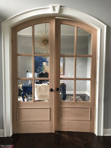 French Doors For Office, Office Doors For Home, Home Office French Doors, Arched French Doors Interior, French Doors To Office, French Doors Office, Office French Doors, French Doors Living Room, Pintu Ganda