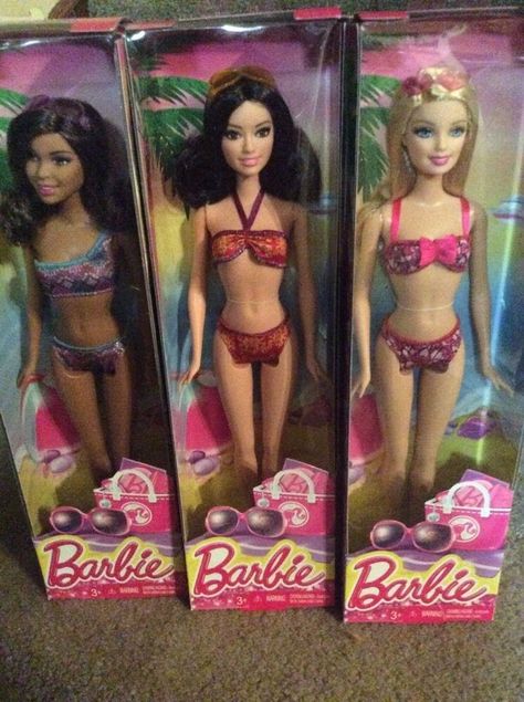 Mattel Barbie 2013 Set of 3 Dolls NRFB. Summer Beach Theme Thank you Themed Barbie Dolls, Beach Barbie, Barbie 2000 Dolls, Barbie Beach, Barbie At The Beach, Barbie 2010 Dolls, Liv Dolls, Barbie Mermaid Doll 2000s, Frozen Toys