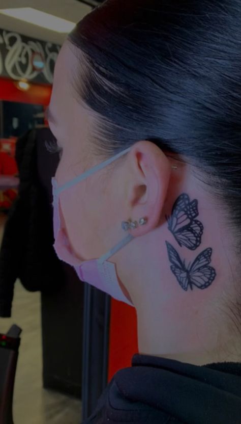 Small Neck Cover Up Tattoos For Women, Butterfly Tat Behind Ear, Behind The Ear Cover Up Tattoo Ideas, Behind The Ear Butterfly Tattoo Ideas, Unique Behind Ear Tattoos For Women, Behind Ear Butterfly Tattoo, Behind Ear Tattoo Butterfly, Butterfly Tattoos Behind Ear, Tattoo Ideas Female Behind The Ear