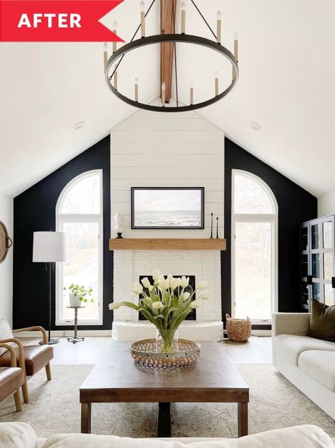 Black Accent Wall Around Fireplace, Black Accent Wall White Fireplace, Large Fireplace Living Room, White Fireplace With Black Wall, White Living Room With Black Fireplace, Tall White Brick Fireplace, White Living Room With Black Accent Wall, Black Wall With White Fireplace, Black Wood White Living Room