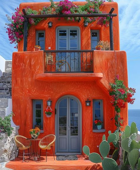 Hacienda Style Homes Mexican Exterior, Colorful Mexican House, Cityscape Reference, Boho House Exterior, Mexican House Exterior, Old Mexican House, Hacienda Style Homes Mexican, Mexican Colors, Caribbean Homes