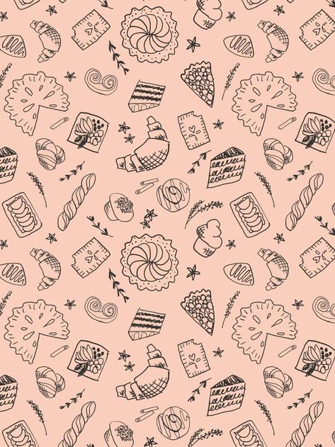 Hand drawn ink doodle pastry and patisserie pattern. Seamless repeating food illustration baker pattern for textiles, editorial print, surface design, and art licensing. Hand Drawn Pattern Doodles, Food Pattern Wallpaper, Food Pattern Illustration, Patisserie Illustration, Pastry Background, Moving Wallpaper Iphone, Hipster Pattern, Dessert Illustration, Recipe Drawing