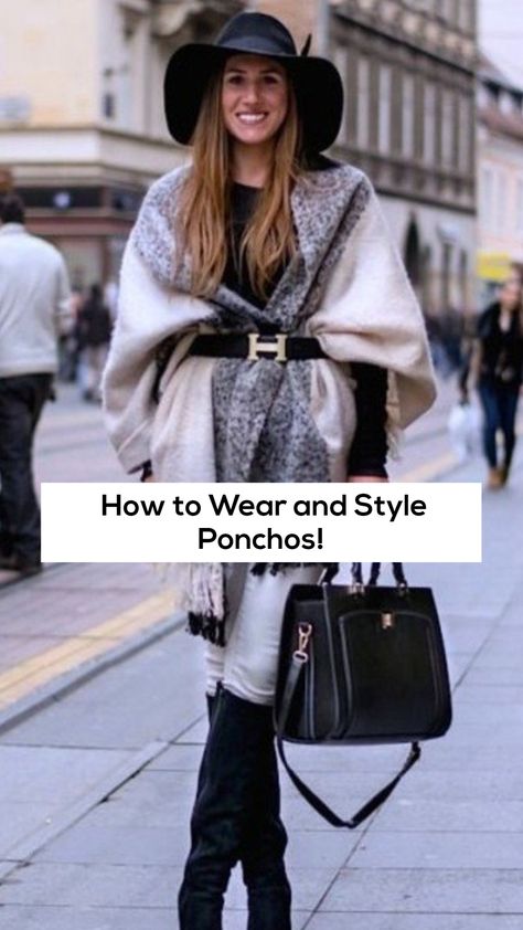 How To Style A Poncho Sweater, Flannel Poncho Outfit, How To Belt A Poncho, Poncho Winter Outfit, Poncho Styling Ideas, Knitted Poncho Outfit, How To Wear Ponchos Outfits Fall, How To Style Poncho, Belted Poncho Outfit