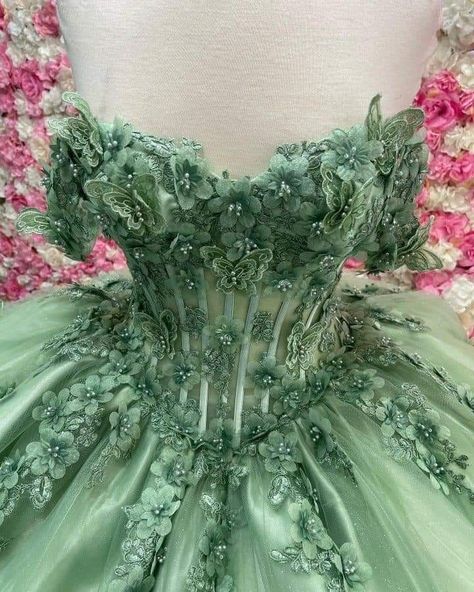 Jade Quinceanera Dress, Pretty Quinceanera Dresses Butterfly, Green Floral Quince Dress, Tinkerbell Quinceanera Dress, Quncie Dresses Sage Green, Stage Green Quince Dress, Quince Dresses Green Butterfly, Green Quince Dresses With Sleeves, Fairy Core Quinceanera Theme