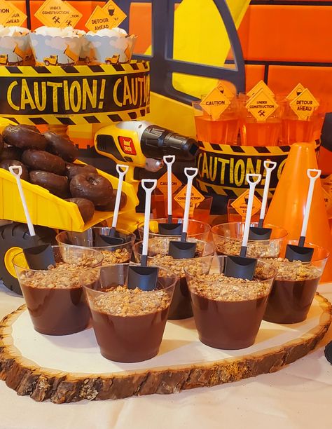 Excavator Party Food, Contraction Birthday Party Ideas, Birthday Finger Food Table Ideas, Digger 2nd Birthday Party, Two And Diggin It Party, Construction Theme Dessert Table, Two Construction Birthday, Construction Birthday Party Desserts, Trucks Themed Birthday Party