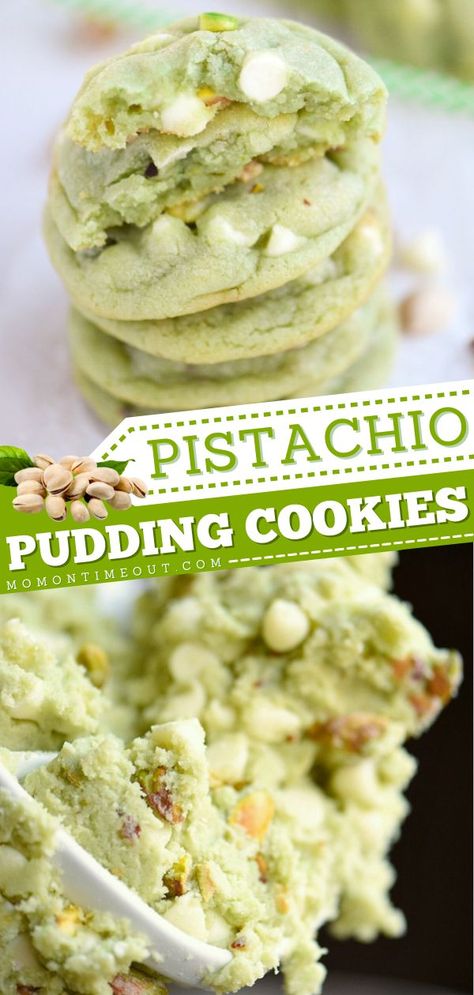 PISTACHIO AND WHITE CHOCOLATE PUDDING COOKIES, christmas cookies, holiday baking recipes Pistachio Pudding Cookies, Green Cookies, White Chocolate Pudding, Chocolate Pudding Cookies, Pudding Cookies Recipes, Pistachio Pudding, Pudding Cookies, Crumpets, Chocolate Pudding