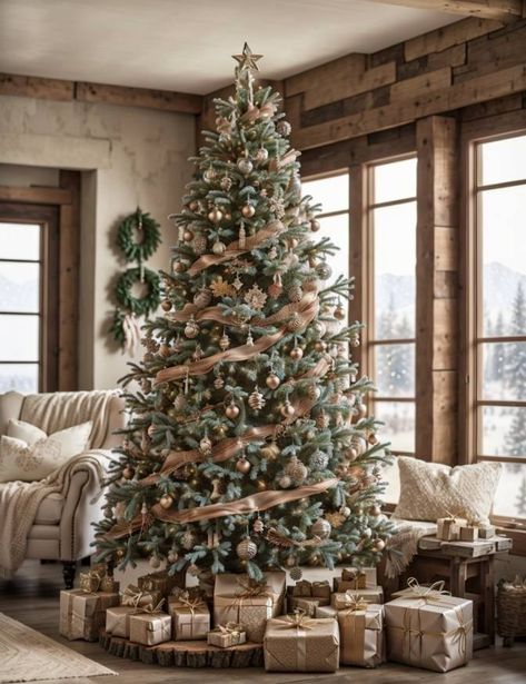 Real Christmas Trees Decorated, Rustic Natural Christmas Tree, Most Beautiful Christmas Tree, Farmhouse Xmas Tree Decor, Country Rustic Christmas Tree, French Farmhouse Christmas Tree, Christmas Tree Decor Ideas Traditional, Rustic Modern Christmas Tree, Neutral Rustic Christmas Tree