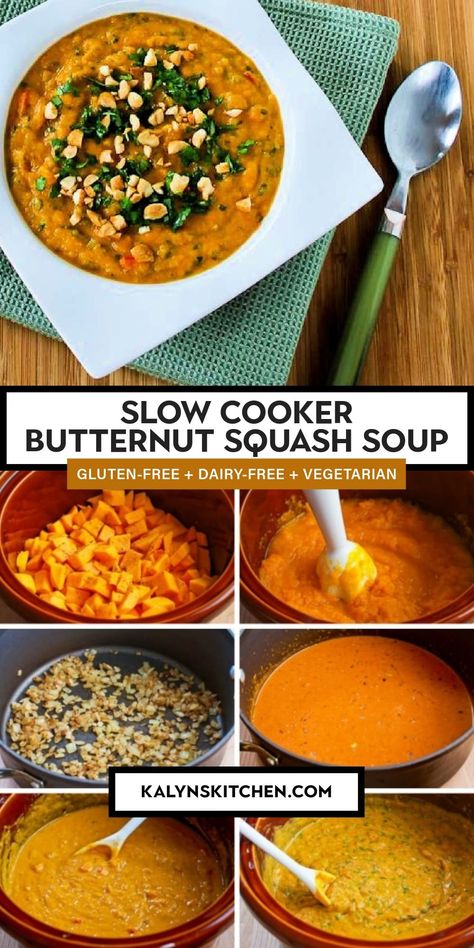 This Slow Cooker Butternut Squash Soup is loaded with flavor from garlic, ginger, coconut milk, and Thai Red Curry Paste! And this vegan soup has only 17 net carbs per serving, so it's not that huge of a splurge. [found on KalynsKitchen.com] #SlowCookerButternutSquashSoup #ButternutSquashSoup #ThaiButternutSquashSoup Vegan Recipes Slow Cooker, Slow Cooker Butternut Squash Soup, Butternut Squash Soup Crockpot, Thai Butternut Squash Soup, Slow Cooker Butternut Squash, Thai Red Curry Paste, Vegan Butternut Squash Soup, Vegan Crockpot, Butternut Soup