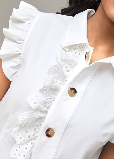 White Decorative Button Turndown Collar Blouse | Rosewe.com - USD $38.98 Stylish Tops For Women, Tops Trendy, Fashion Design Patterns, Trendy Tops For Women, Trendy Fashion Tops, Ladies Tops, Turndown Collar, Modest Fashion Outfits, African Wear